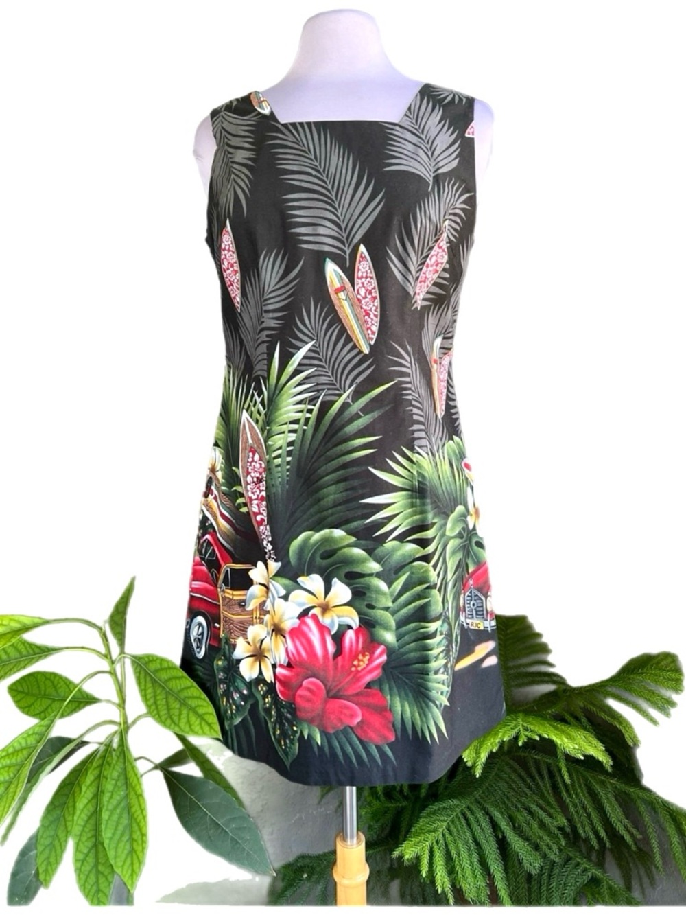 Tropical Hibiscus Shift Dress - Black